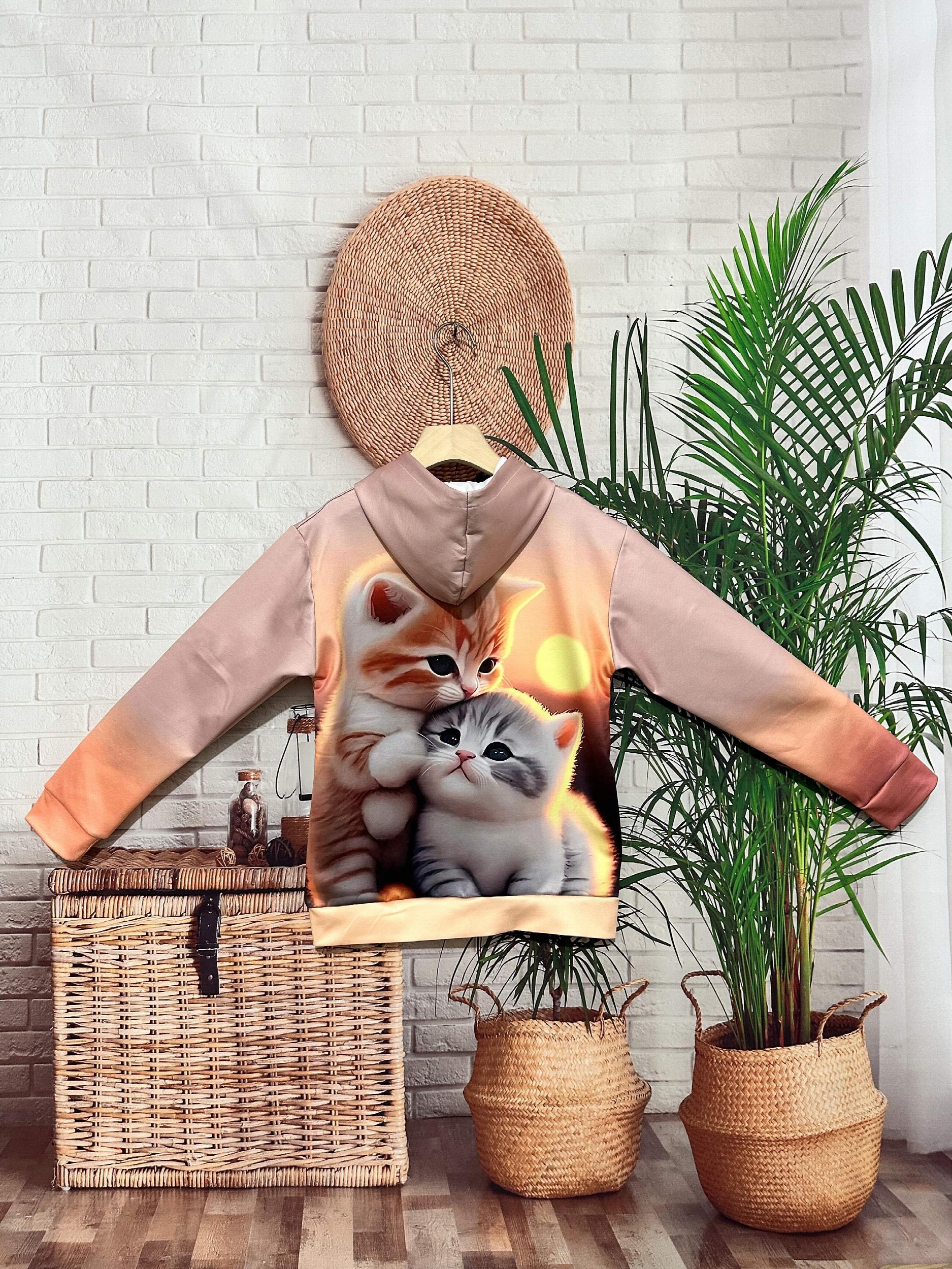 Girls Kitty Print Pocket Hoodies Pullover Spring Fall Sports Gift