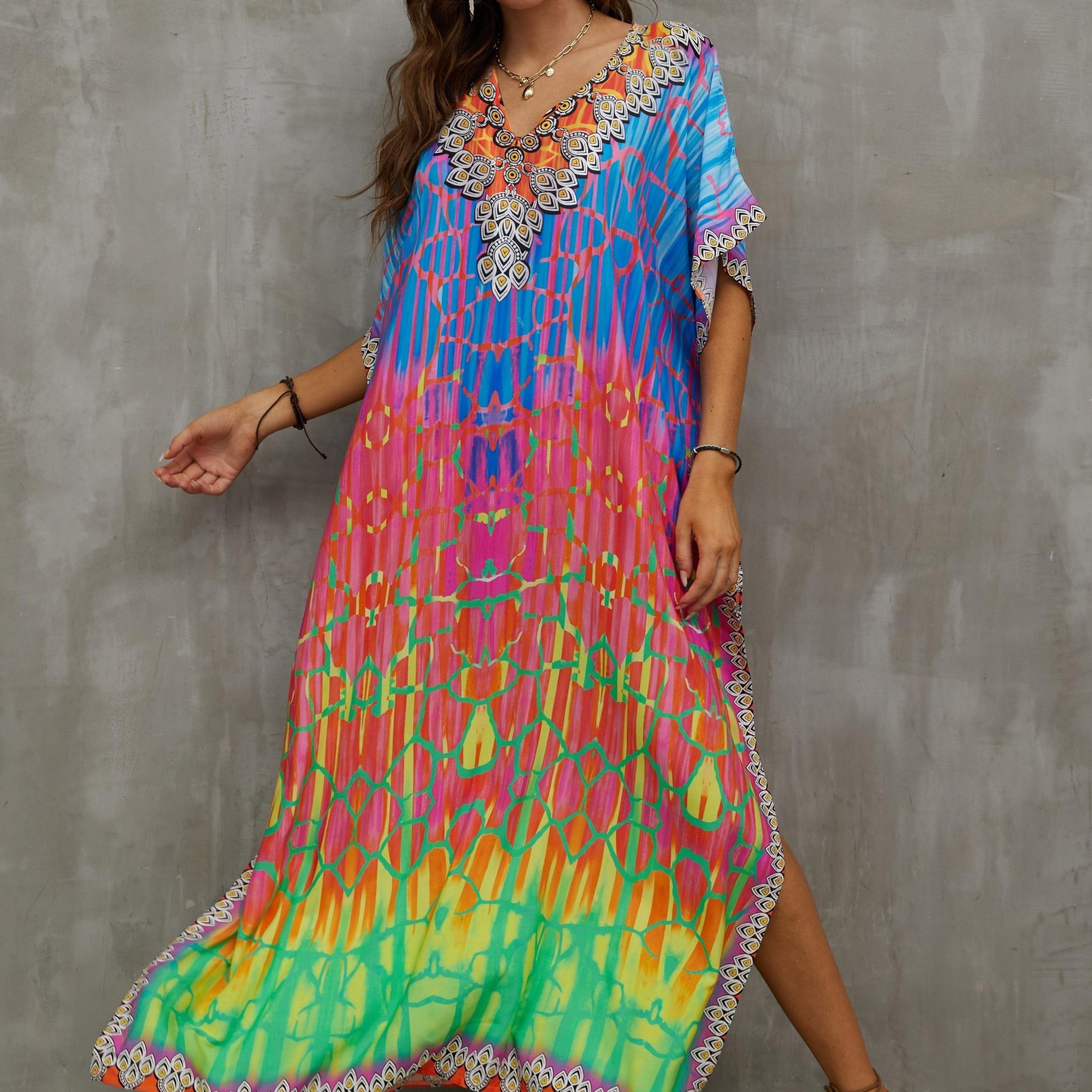Boho Dress Women's Plus Floral Tie Dye Print V Neck Side Split Kaftan
