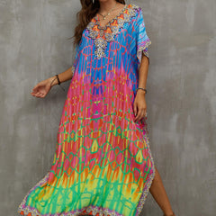 Boho Dress Women's Plus Floral Tie Dye Print V Neck Side Split Kaftan