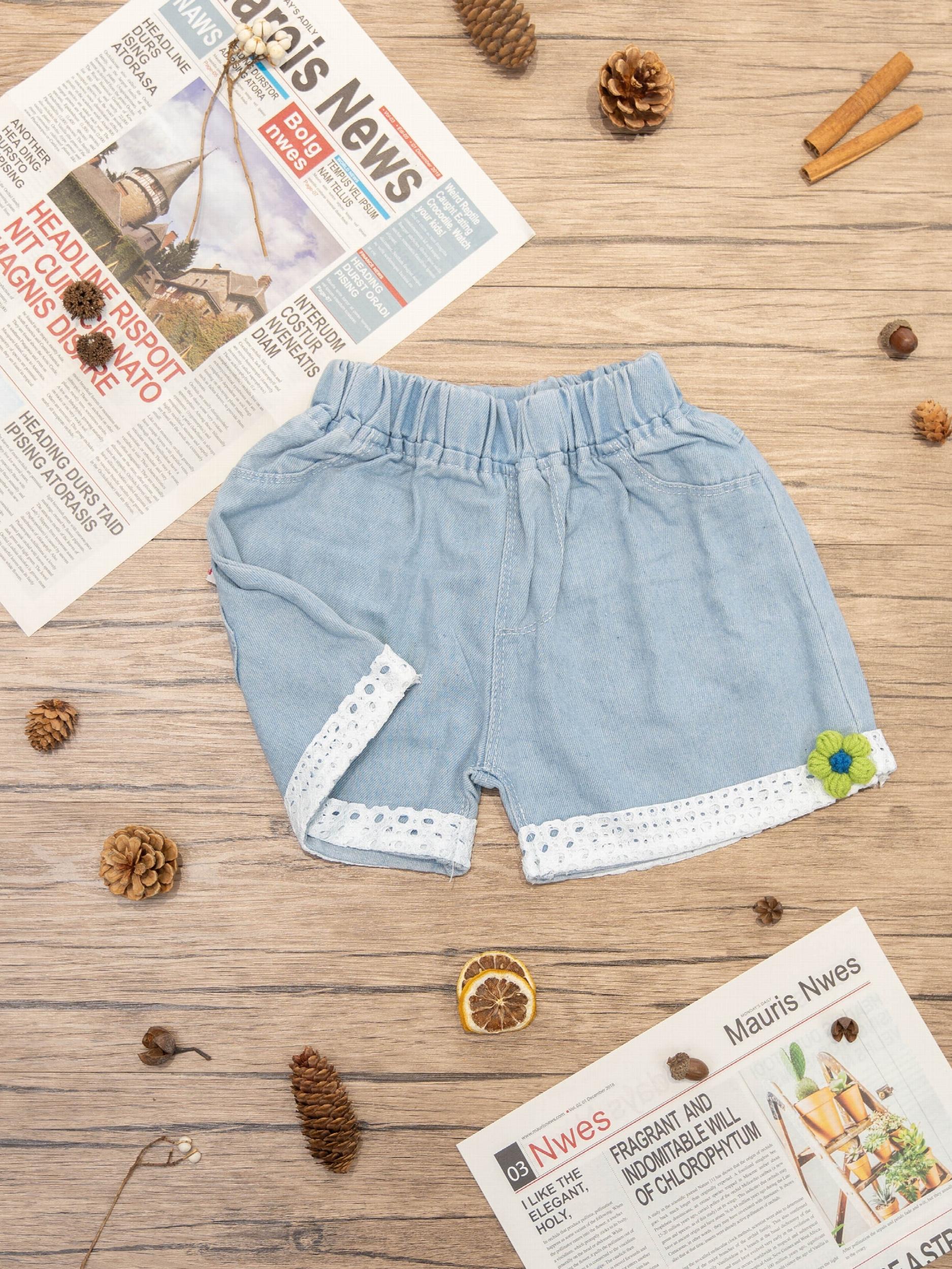 Girls' Denim Shorts With Lace Fringes And Flower Decor
