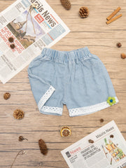 Girls' Denim Shorts With Lace Fringes And Flower Decor