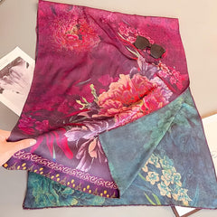 Chinese Style Purple Peony Floral Print Shawl Scarf Lightweight Silk