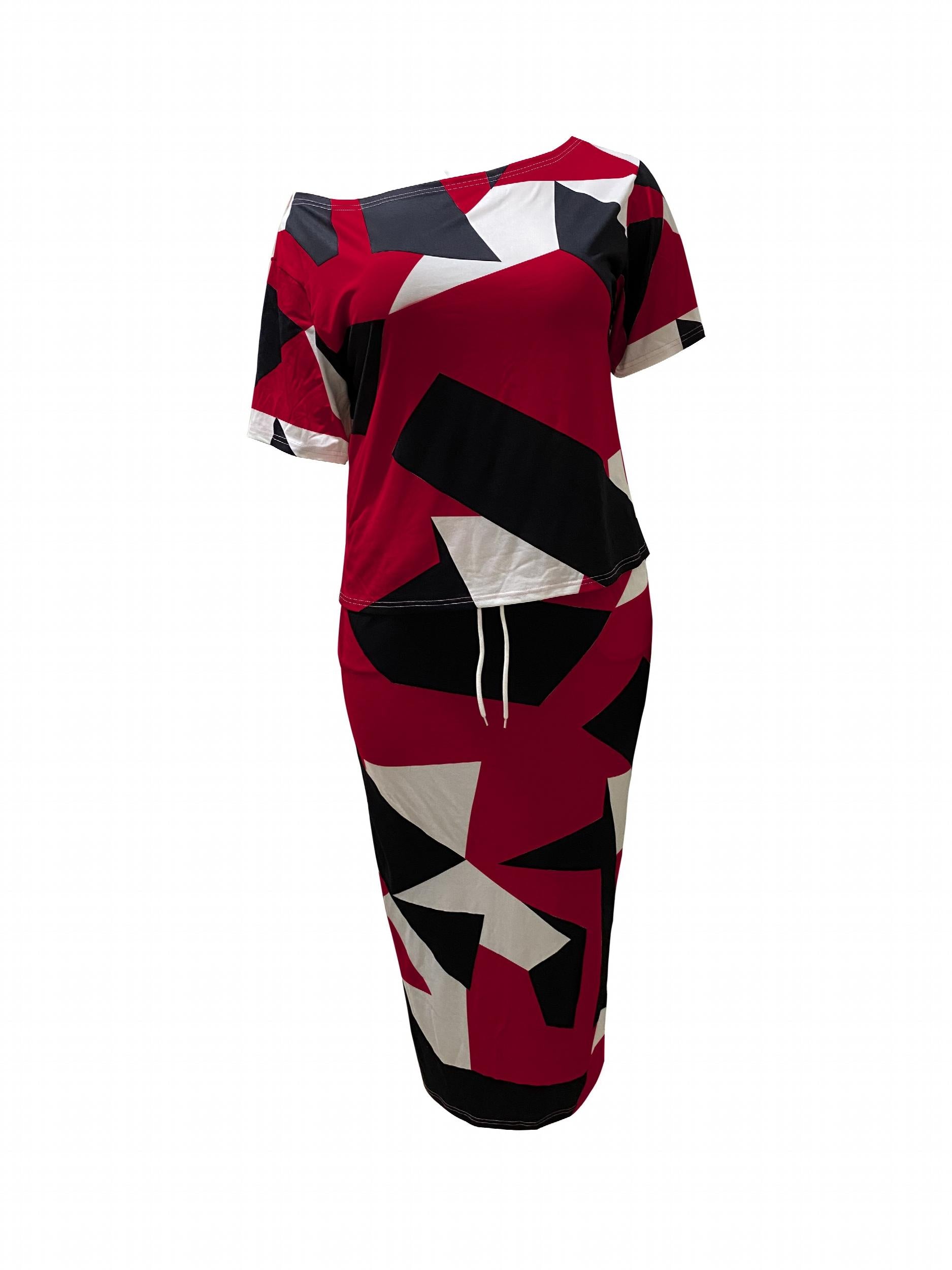 Women's Plus Size Colorblock Geometric Print Top & Skirt Set