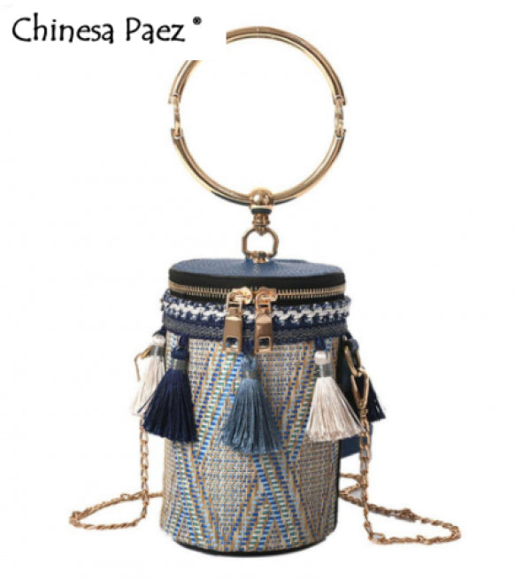 Wild Straw Bucket Bag Shoulder Handbag Tassel Chain Messenger Bohemia Travel Bag