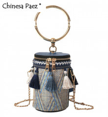 Wild Straw Bucket Bag Shoulder Handbag Tassel Chain Messenger Bohemia Travel Bag