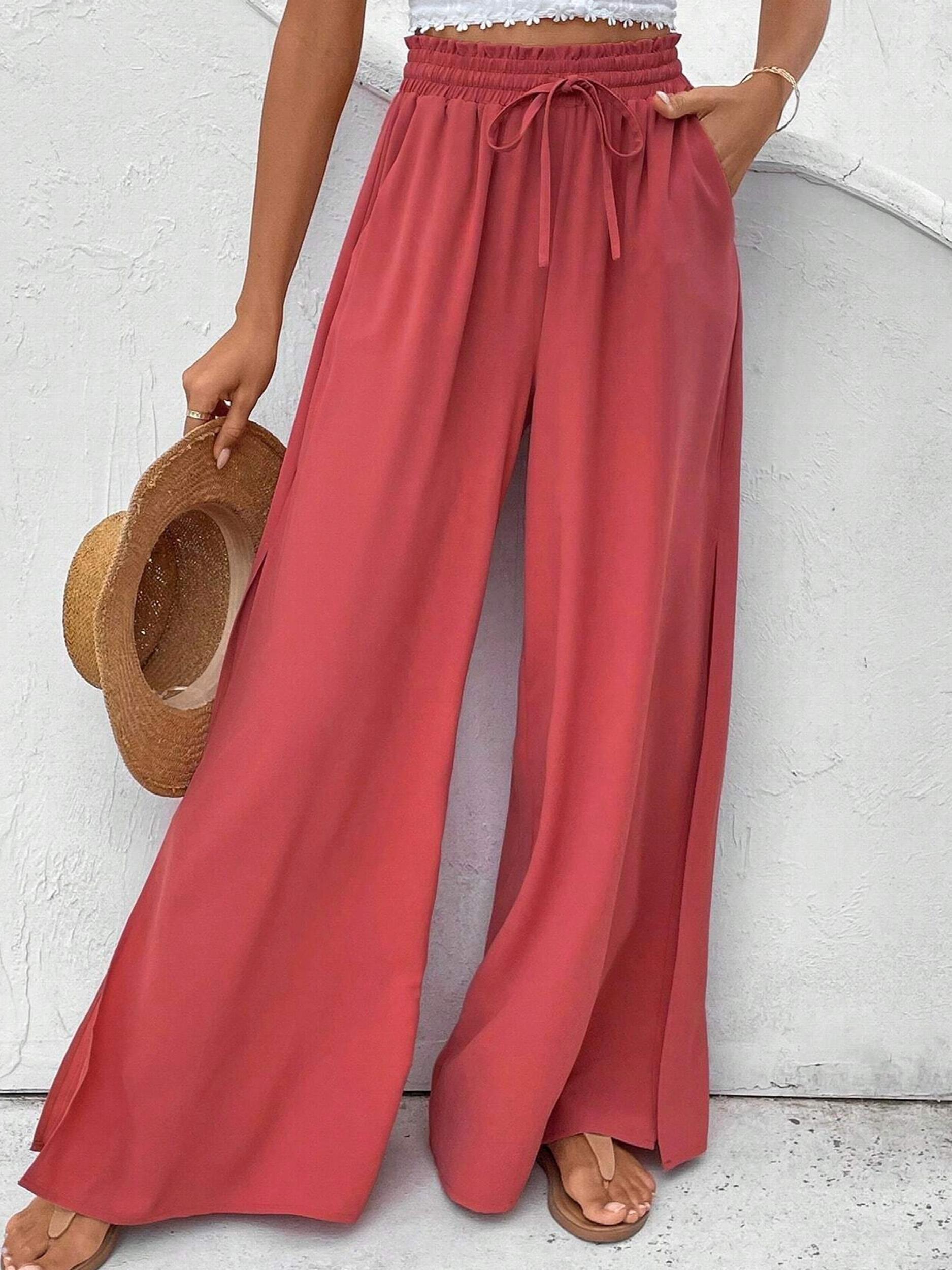 Solid Slit Wide Leg Pants Casual Drawstring Elastic Waist