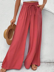 Solid Slit Wide Leg Pants Casual Drawstring Elastic Waist