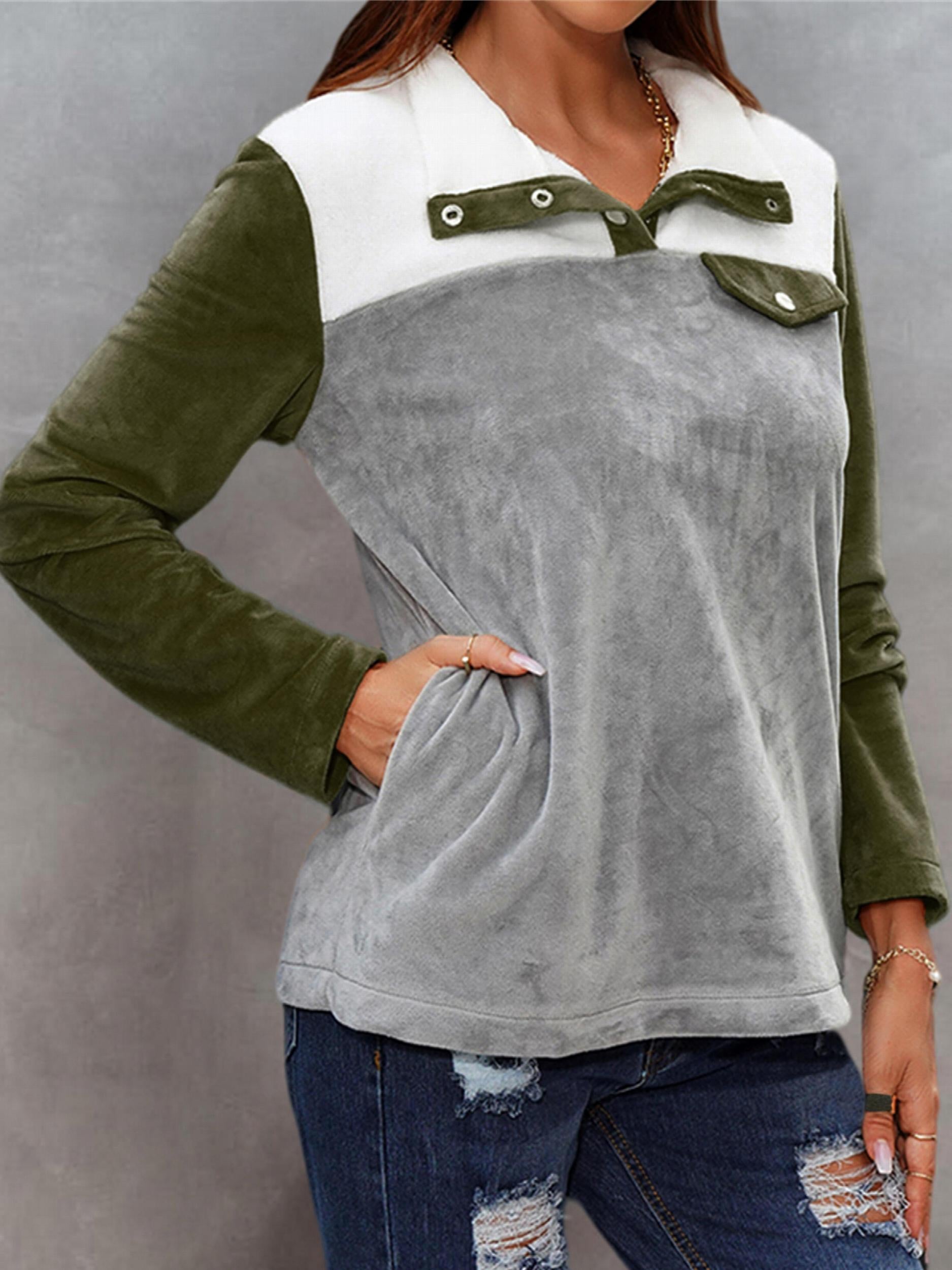 Women's Colorblock Stand Neck Teddy Long Sleeve Tops