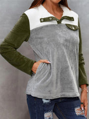Women's Colorblock Stand Neck Teddy Long Sleeve Tops