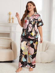 Floral Print Satin Blouse & Pants Pajama Set