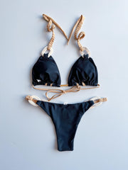 Triangle Bikini Set Halter Neck Ring Weaving Straps Backless High Cut 2 Pieces