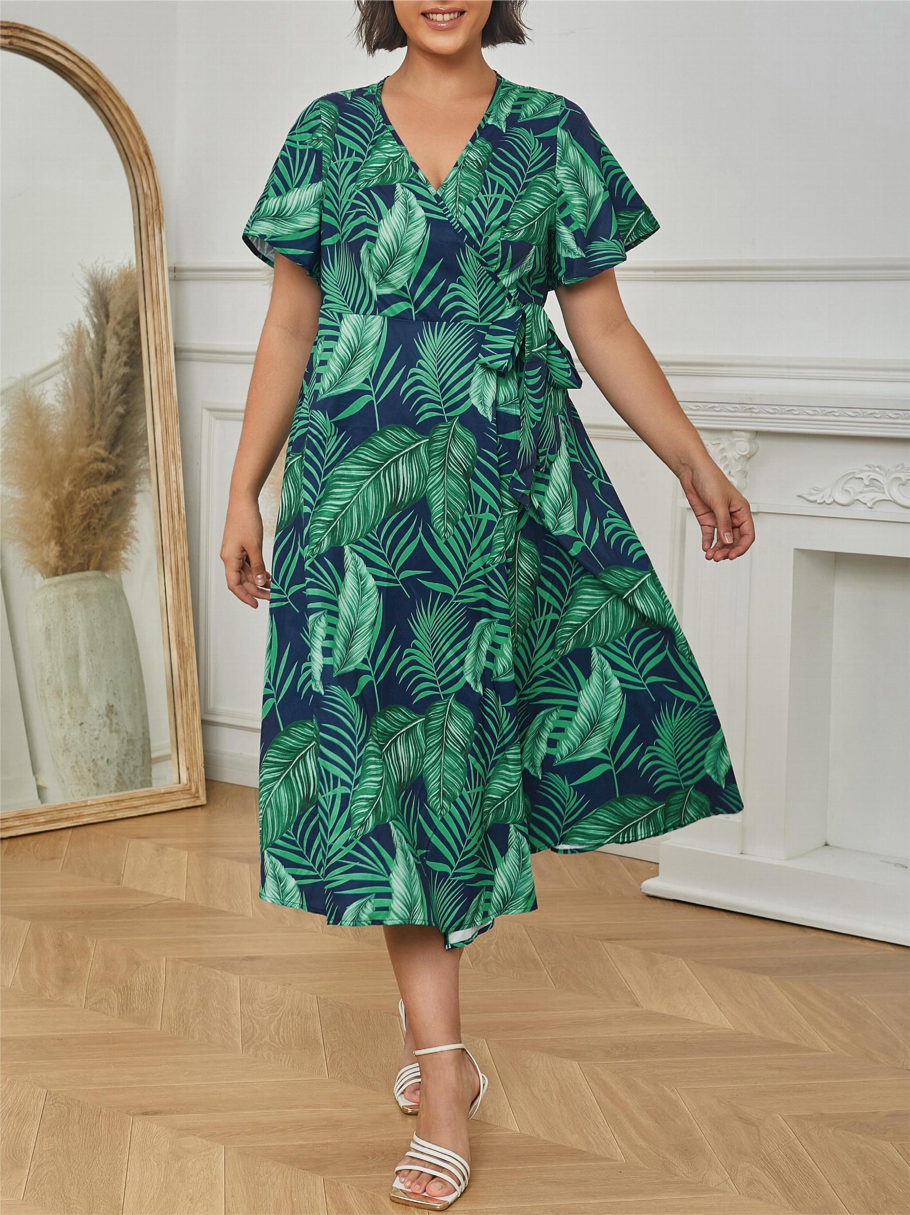 Tropical Print Flutter Sleeve Surplice Neck Dress
