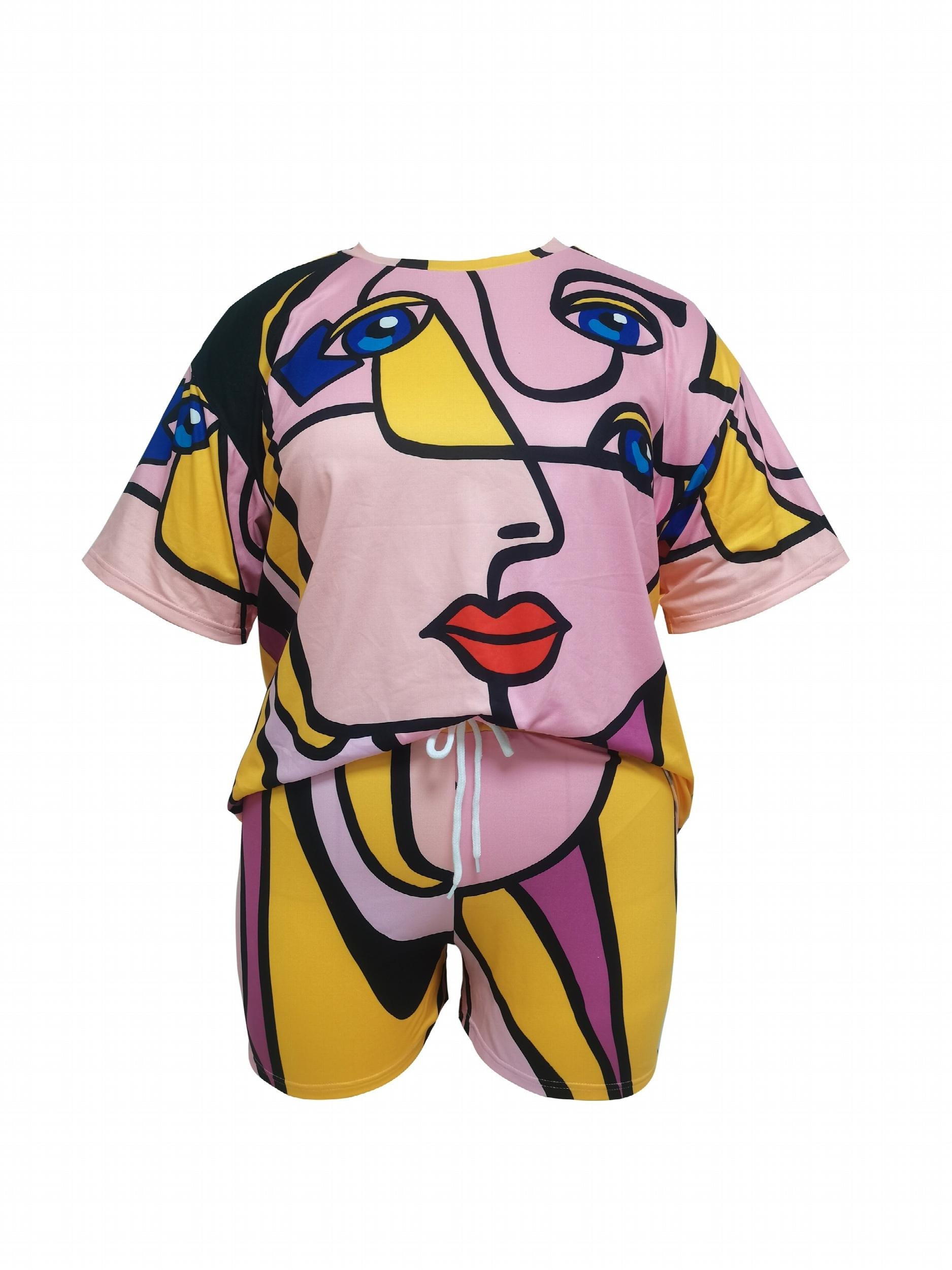 Abstract Figure Print Tee & Drawstring Shorts Set