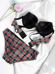 Colorblock Plaid Bra & Panties Lingerie Set