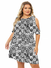 Cartoon Print Cold Shoulder Tee Sleep Dress