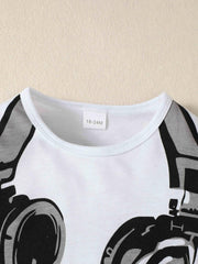 Boys 2pcs Sweatshirt Top & Joggers Pants Set Earphone Print Kids Clothes