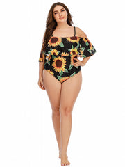 Sunflower Print Off Shoulder Ruffle One Piece Swimsuit