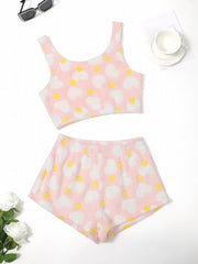Heart & Polka Dot Flannel Crop Top & Shorts Set