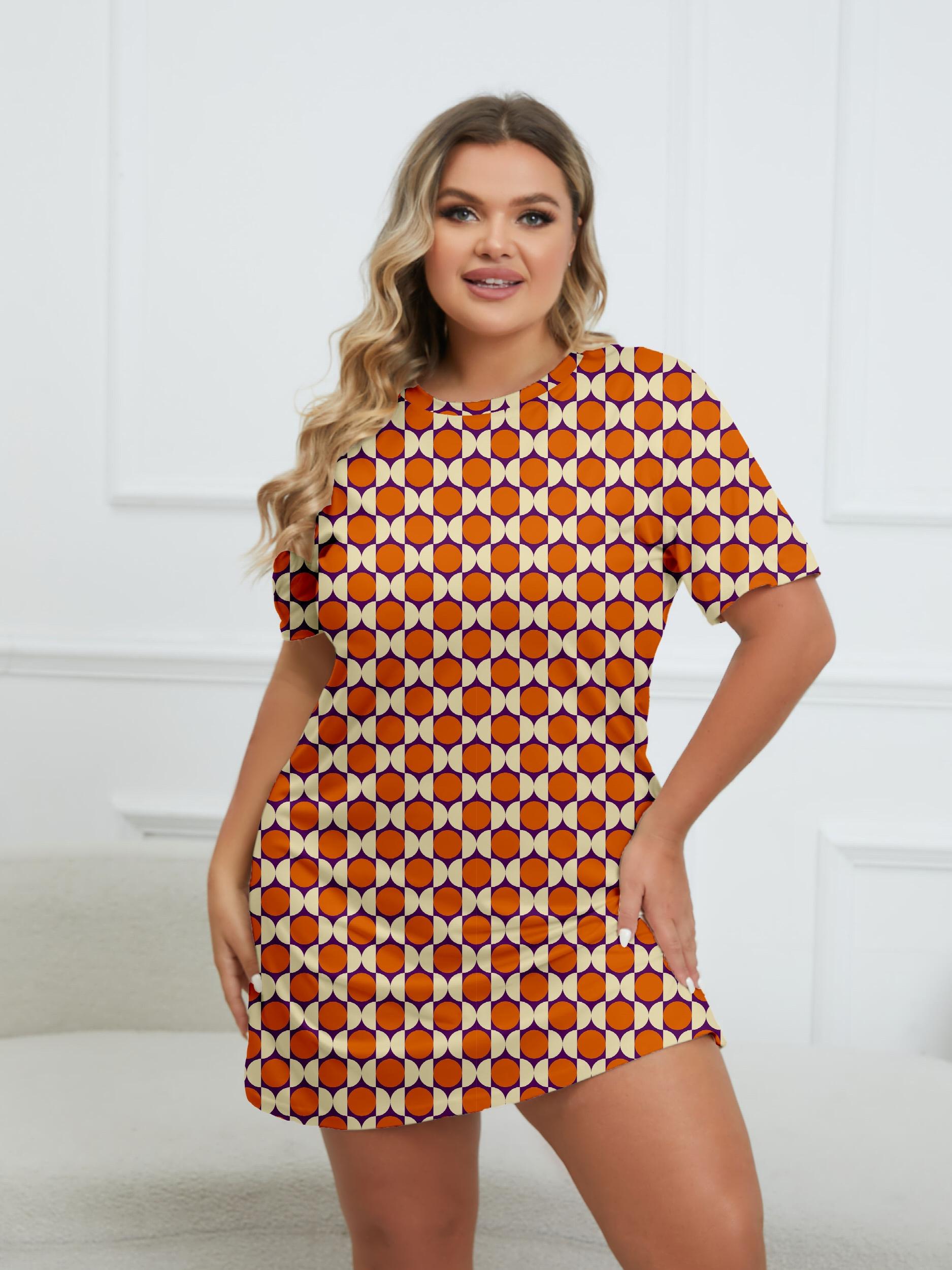Print Round Neck Short Sleeve Dress Plus Size