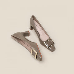 Women's Square Buckle Pumps Square Toe Chunky Heels