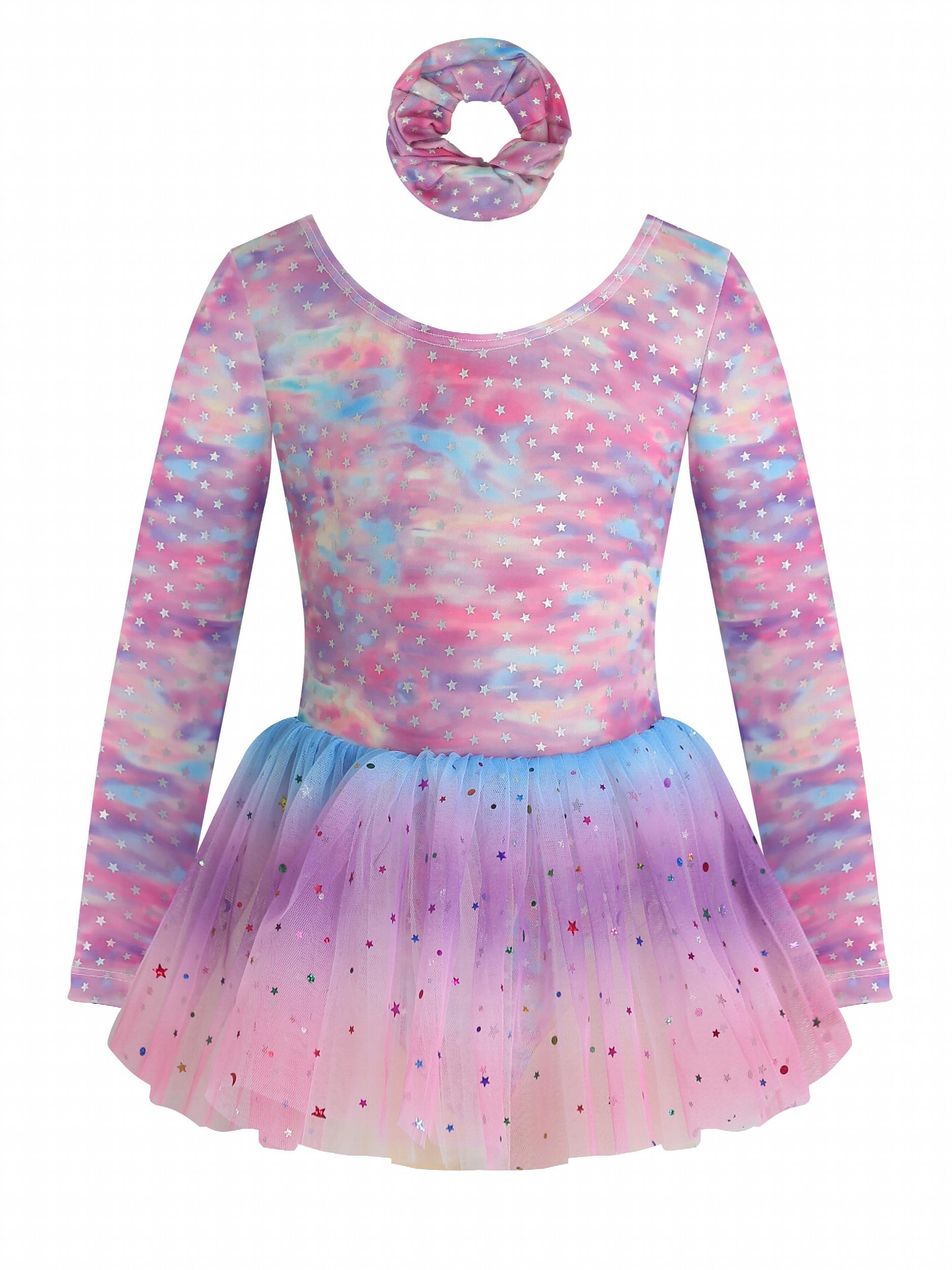 Girls Long Sleeve Back Bow Stars Sequins Tulle Tutu Patchwork Dress