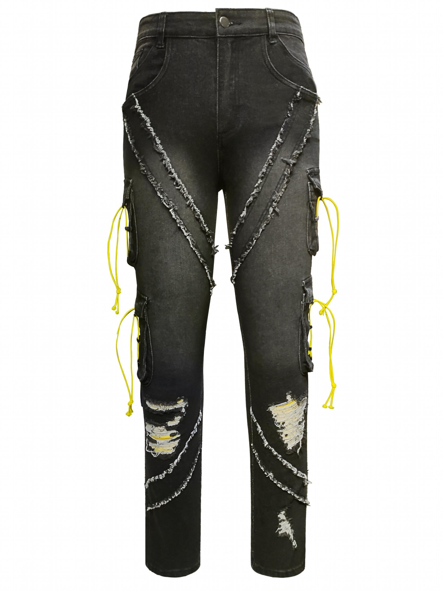 Men's Denim Cargo Pants Flap Pocket Jean Trousers