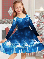 Girls Reindeer Graphic Long Sleeve Dress for Spring Fall