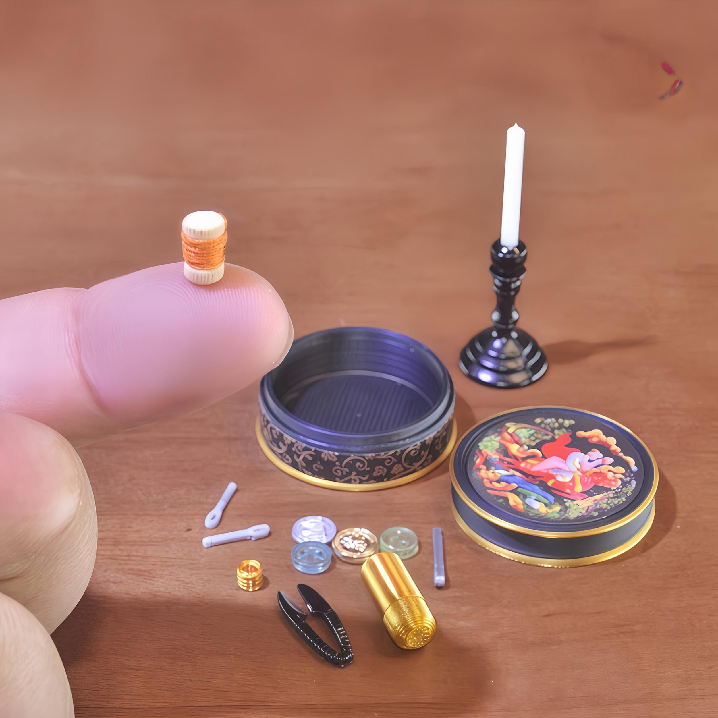 1:6 Scale Sewing Box & Candlestick Set Vintage Style Dollhouse Accessories