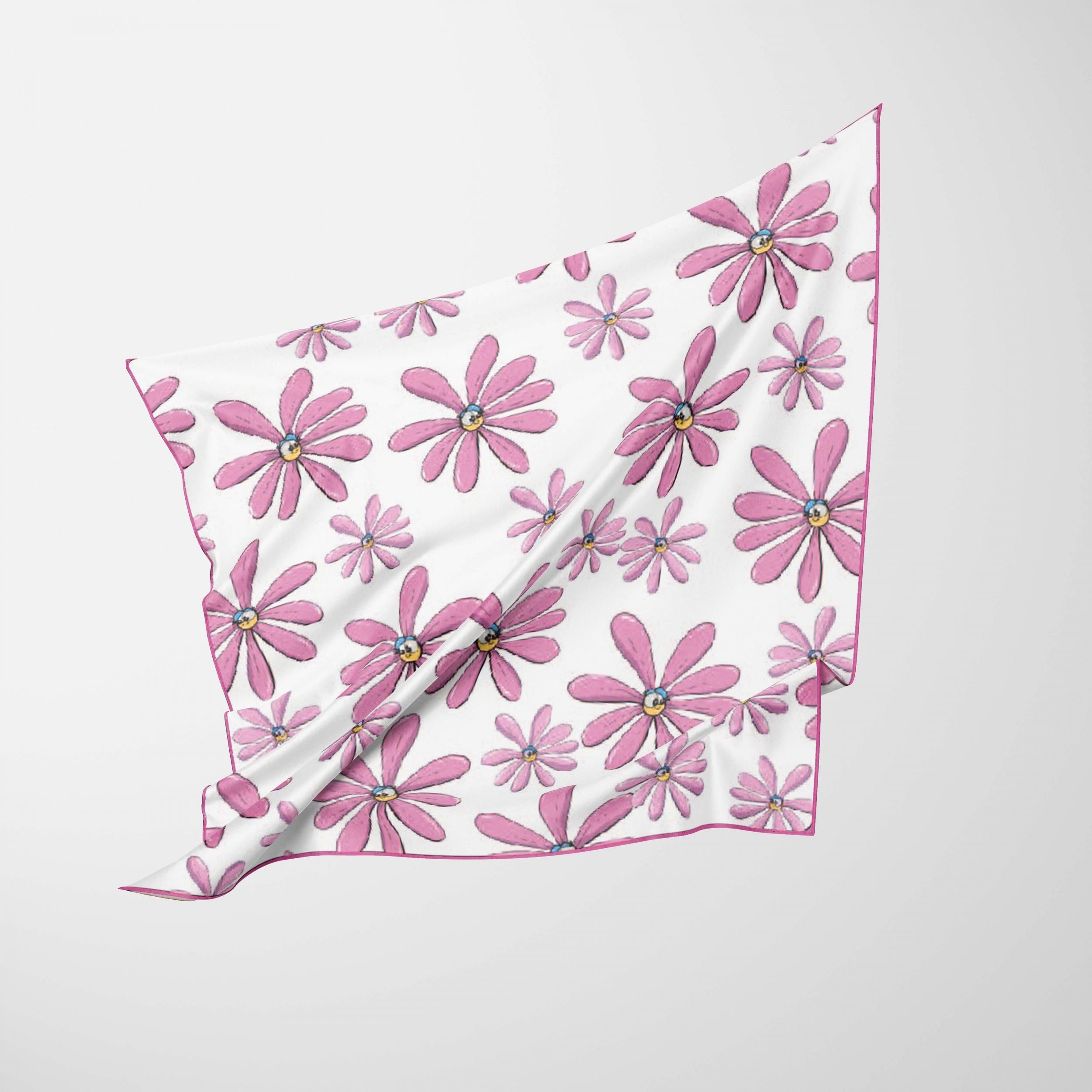 Pink Flower Print Bandana Boho Square Scarf Headband For Women