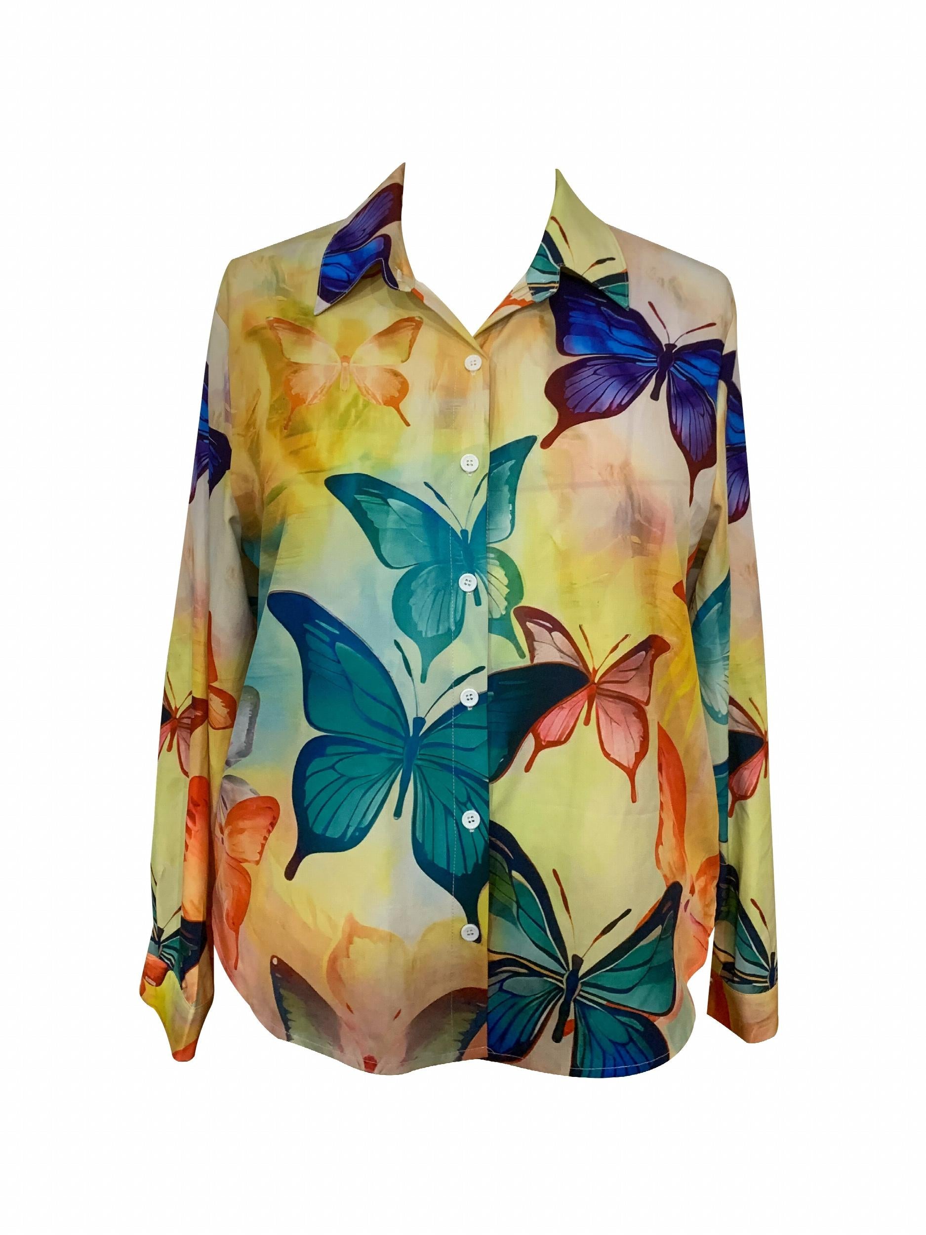 Butterfly Print Button Up Long Sleeve Blouse