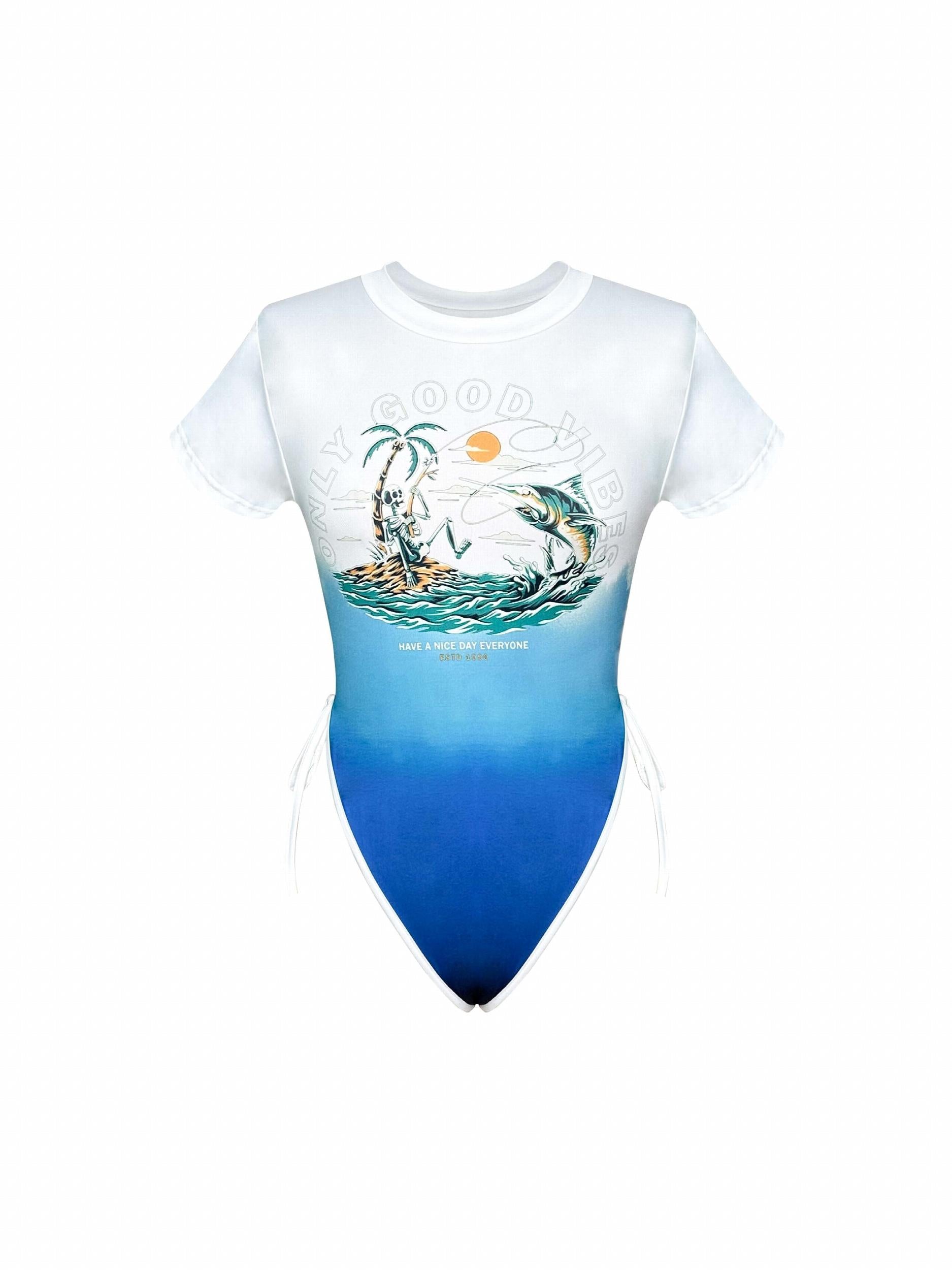 Y2K Graphic Print Crew Neck Bodysuit Short Sleeve Slim