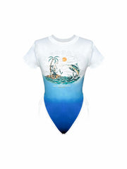 Y2K Graphic Print Crew Neck Bodysuit Short Sleeve Slim
