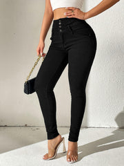 High Waist Solid Fit Women's Denim High Stretch Slash Pockets Slim Trousers