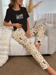 Letter Print Pajama Set with Starry Print Pants