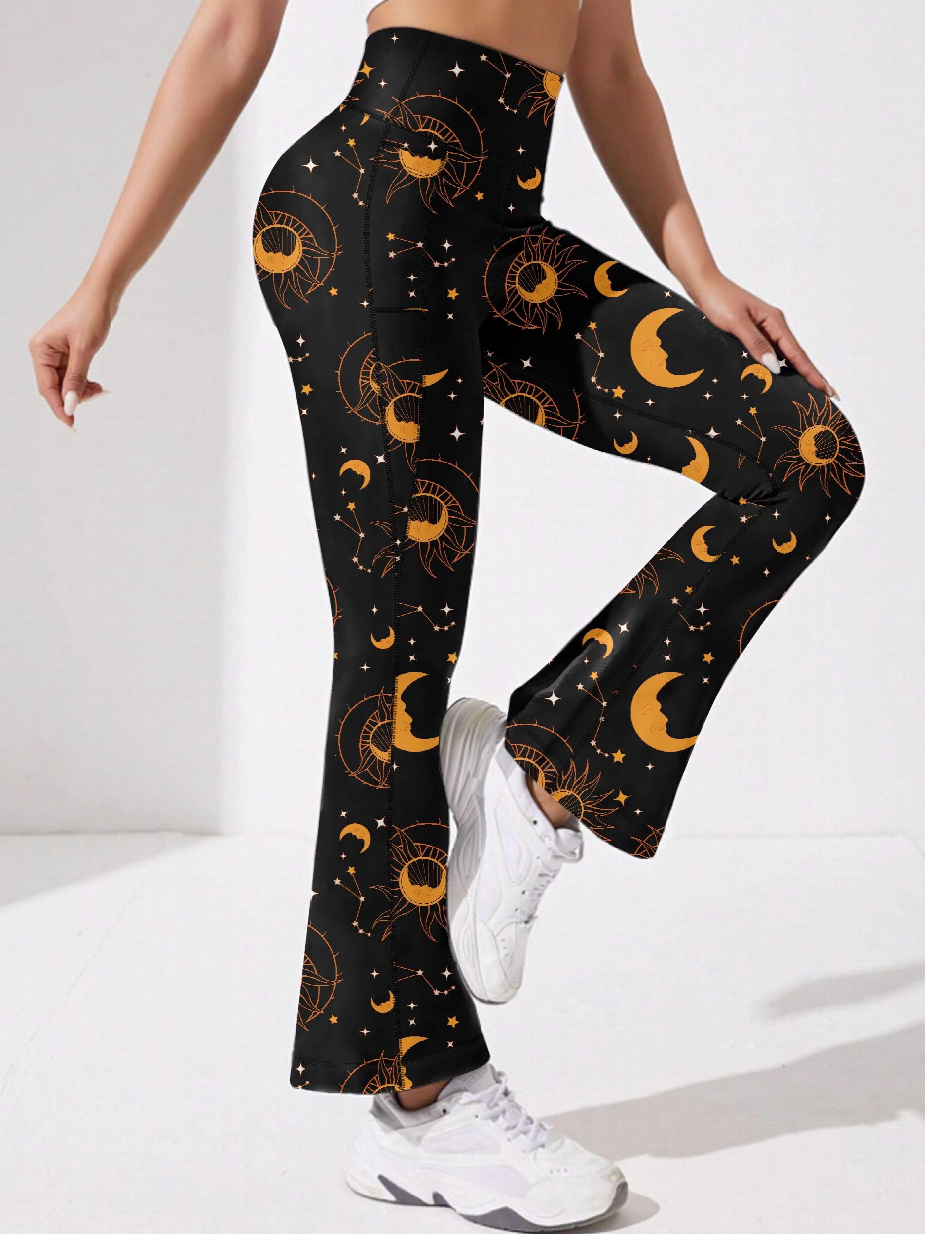 Moon & Star Print Flared Yoga Pants High Stretch Sports Trouser