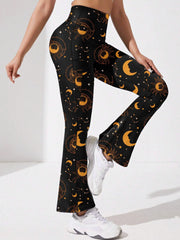 Moon & Star Print Flared Yoga Pants High Stretch Sports Trouser