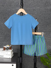 BROTHER Print Boy's 2pcs T shirt & Stripe Shorts Set for Summer