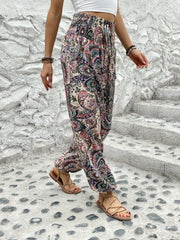 Paisley Print Smocked Waist Joggers Boho Fitted Bottom Pants