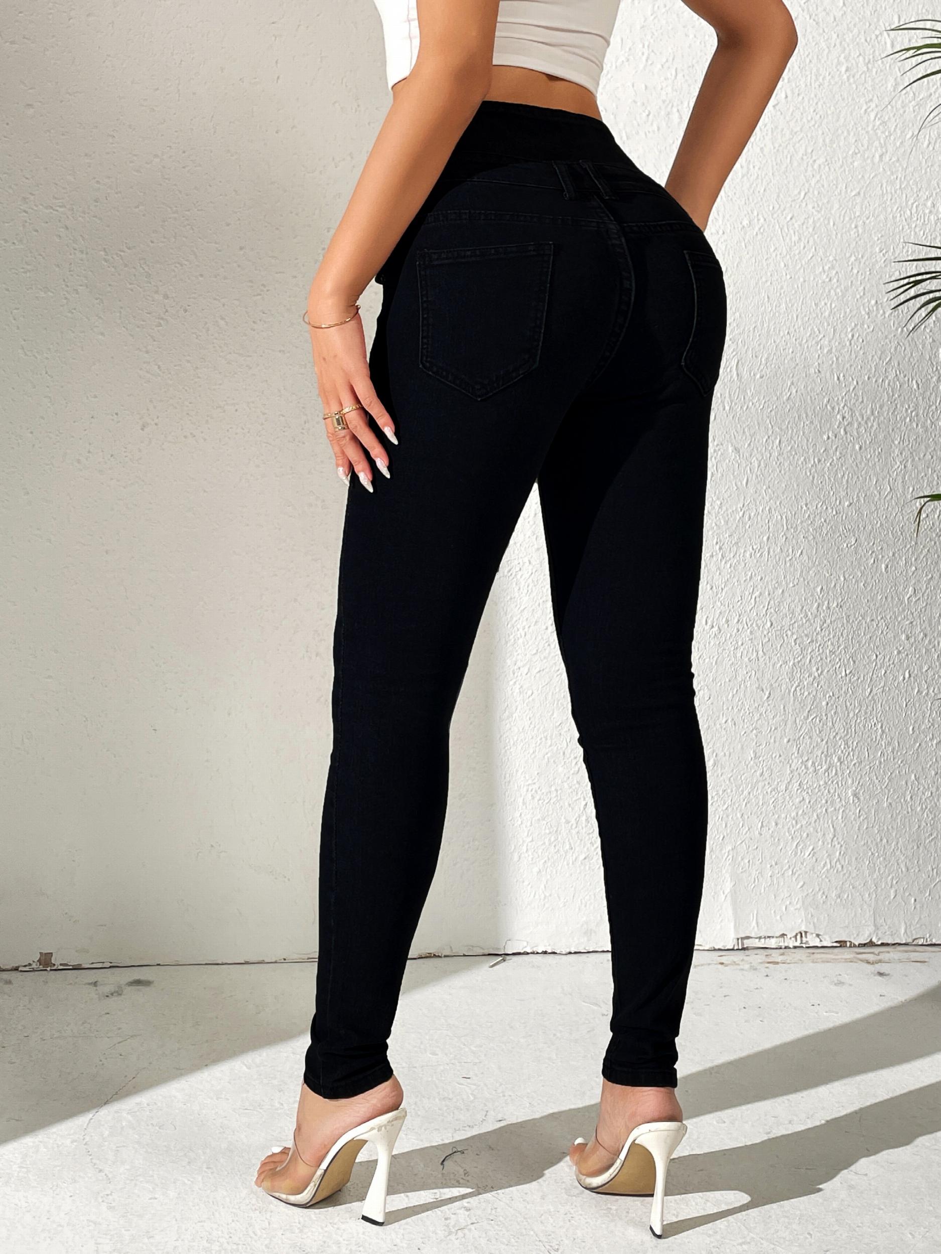 High Waist Solid Fit Women's Denim High Stretch Slash Pockets Slim Trousers