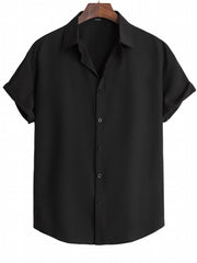 Men's Casual Solid Tee Shirt Button Short Sleeve Loose Work Business Shirt