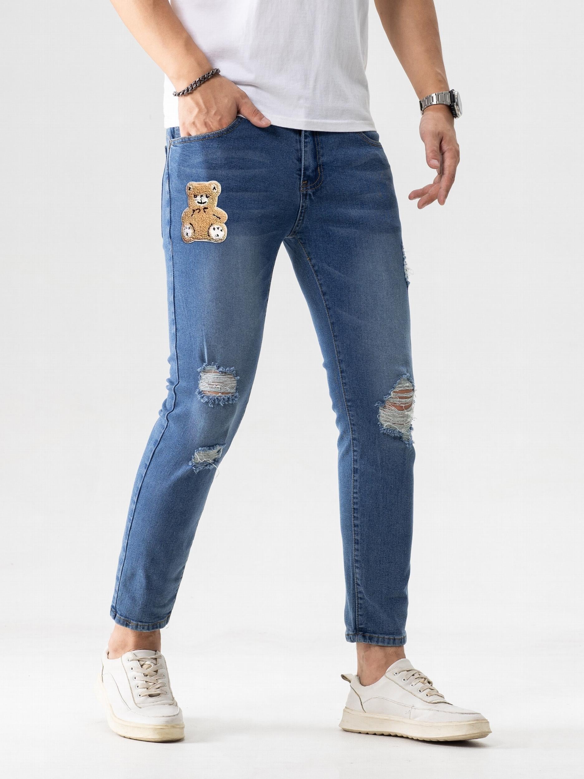 Cartoon Bear Flock Print Ripped Jeans Street Style Denim
