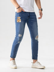 Cartoon Bear Flock Print Ripped Jeans Street Style Denim