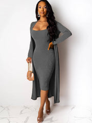 Casual 2 Piece Set Long Cardigan & Bodycon Dress Outfit Women's Clothing