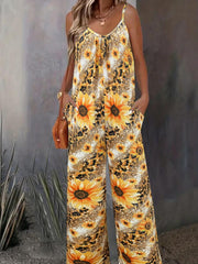 Sunflower & Leopard Print V Neck Wide Leg Cami Jumpsuit With Pockets