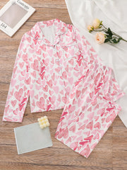 Heart Print Pajama Set Long Sleeve Buttons Top & Elastic Waistband Pants