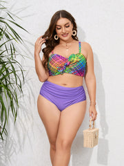 Colorblock Plaid Bow Knot Bra & Solid Ruched Underwear Swimsuit Set