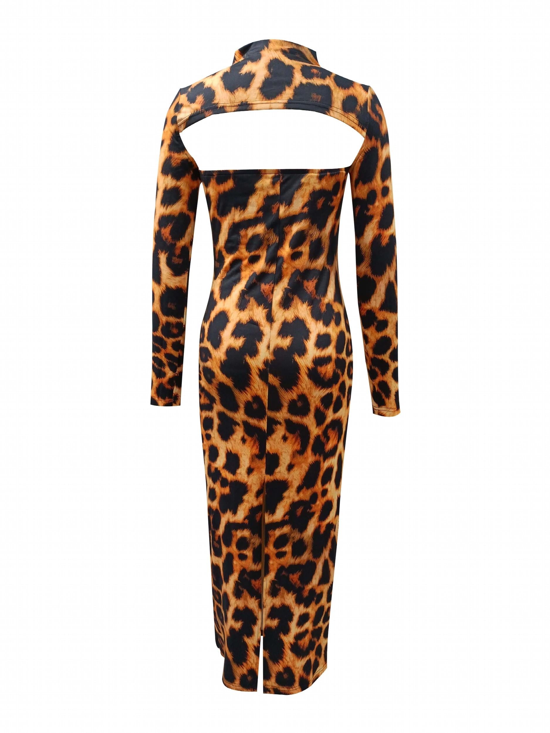 Leopard Print Sexy 2pc Set Mock Neck Crop Tops & Maxi