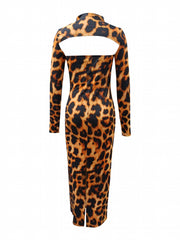 Leopard Print Sexy 2pc Set Mock Neck Crop Tops & Maxi