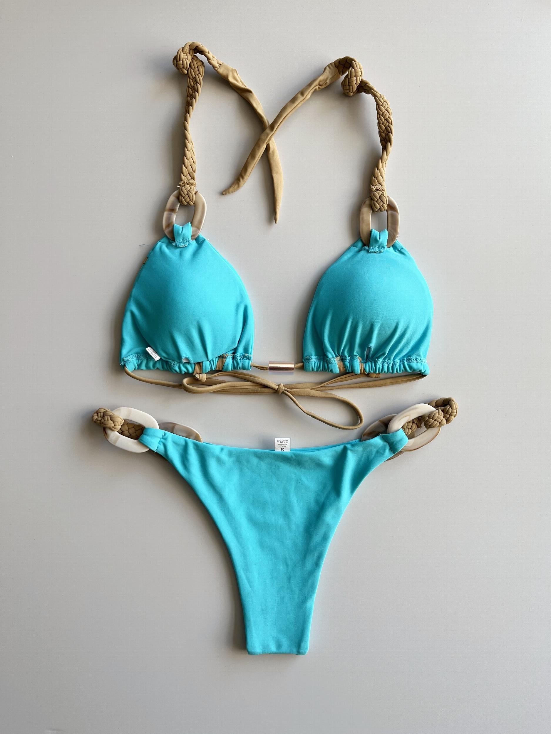 Triangle Bikini Set Halter Neck Ring Weaving Straps Backless High Cut 2 Pieces