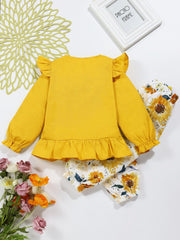 Toddler Baby Girl Clothes Set Long Puff Sleeve Ruffle Top Shirt with Bowknot Flo